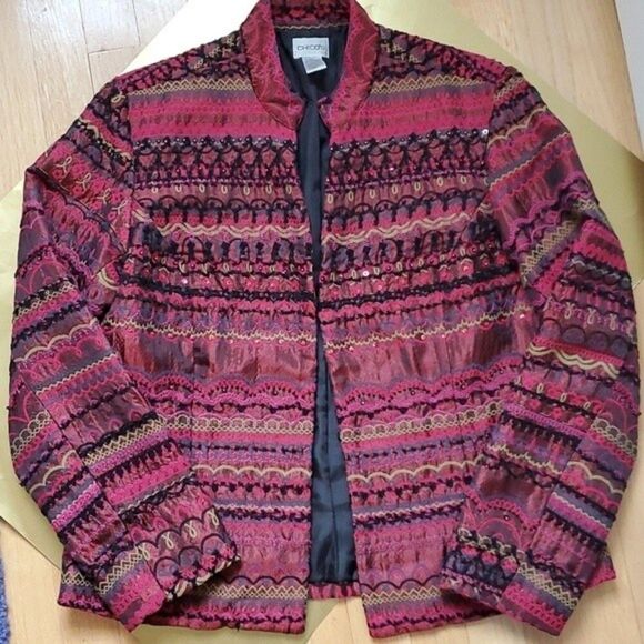 CHICO'S MANDARIN COLLAR EMBROIDERED BEADED EMBROIDERED JACKET BOHO ARTSY 8 MED - Picture 1 of 14